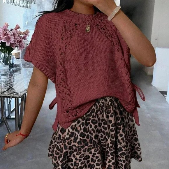 Burgundy Casual Women's Side Tie Round Neck Cap Sleeve Sweater - Picture 3 of 7